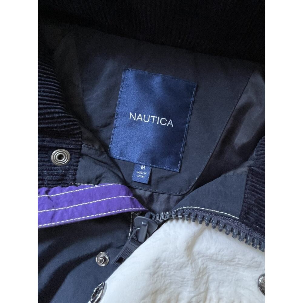 Nautica Men’s M Blue Purple White Colorblock Sailing Jacket Corduroy Nylon Hood - Picture 3 of 7